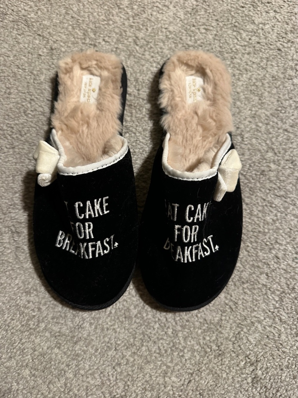 Kate Spade Black Fuzzy Slippers with Bow and Embroidered eat cake for breakfast
